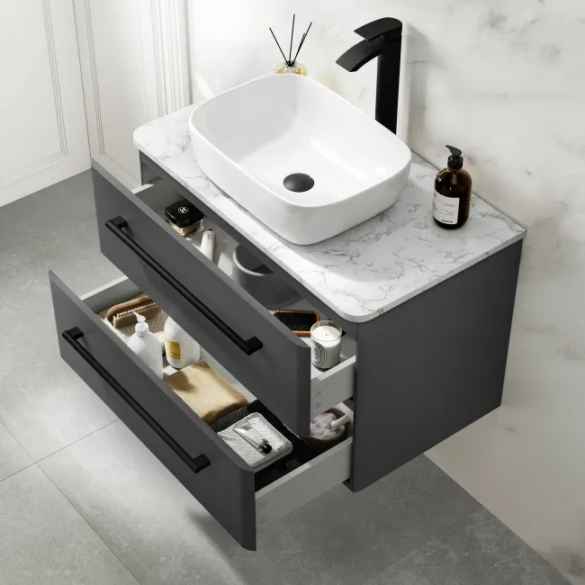 Omaha Slate Grey Wall Hung Drawer Vanity with Marble Top & Curved Counter Top Basin 800mm - Black Accents