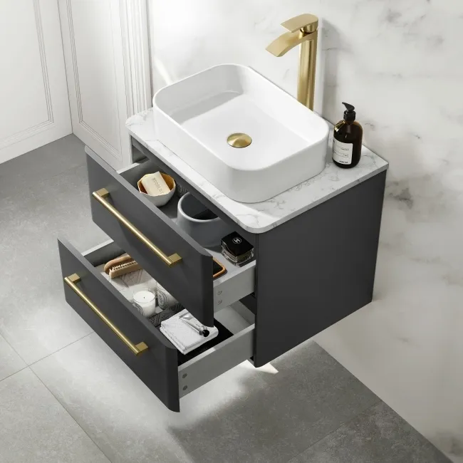 Omaha Slate Grey Wall Hung Drawer Vanity with Marble Top & Marin Basin 600mm - Brushed Brass Accents