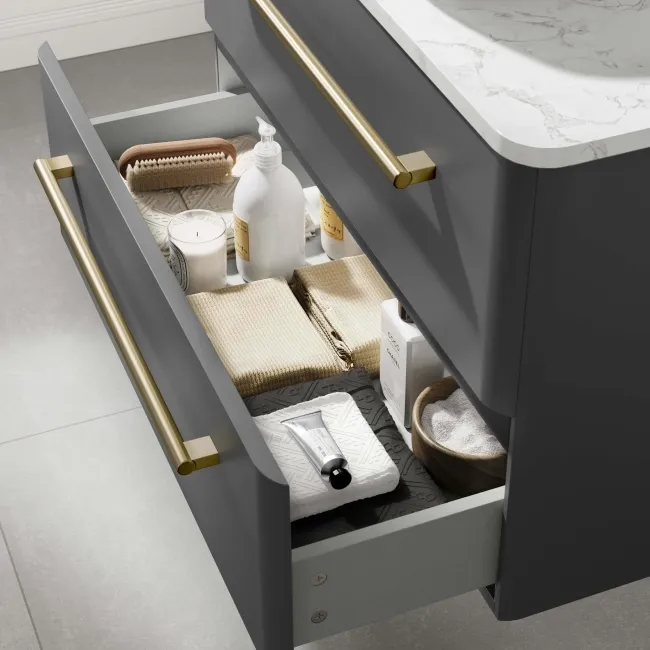 Omaha Slate Grey Wall Hung Drawer Vanity with Marble Top & Marin Basin 800mm - Brushed Brass Accents