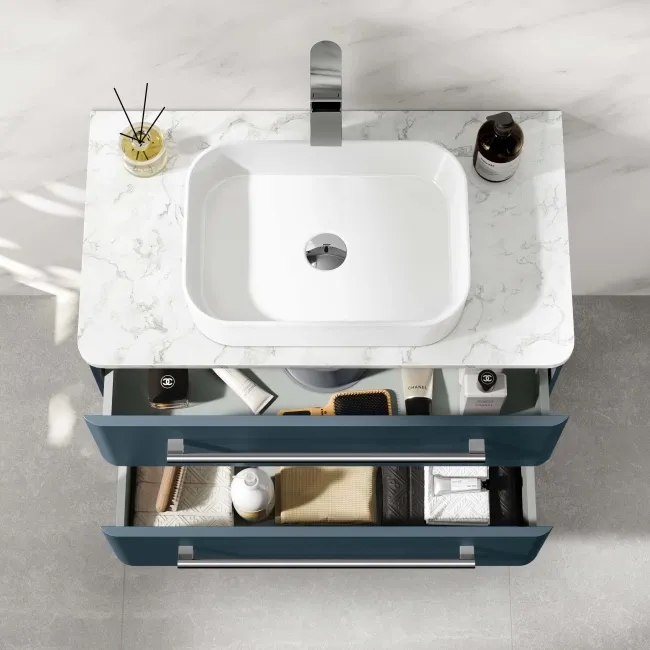 Omaha Navy Blue Wall Hung Drawer Vanity with Marble Top & Marin Basin 800mm