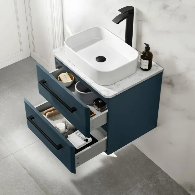 Omaha Navy Blue Wall Hung Drawer Vanity with Marble Top & Marin Basin 600mm - Black Accents
