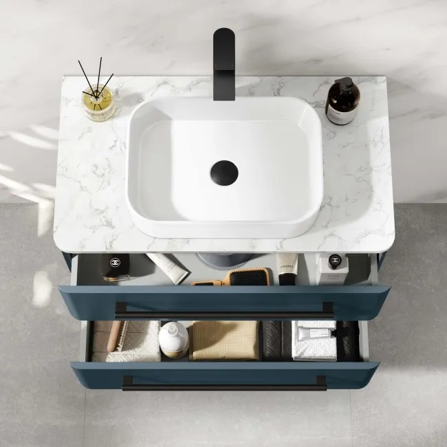 Omaha Navy Blue Wall Hung Drawer Vanity with Marble Top & Marin Basin 800mm - Black Accents