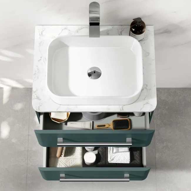 Omaha Mystic Green Wall Hung Drawer Vanity with Marble Top & Marin Basin 600mm