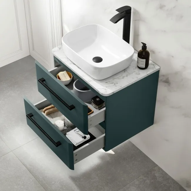 Omaha Mystic Green Wall Hung Drawer Vanity with Marble Top & Curved Counter Top Basin 600mm - Black Accents