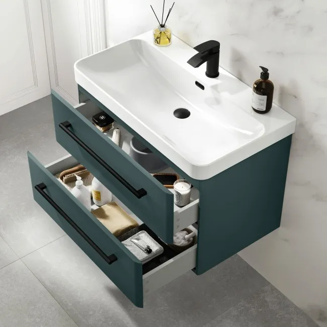 Omaha Mystic Green Wall Hung Basin Drawer Vanity 800mm - Black Accents