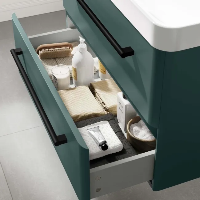 Omaha Mystic Green Wall Hung Basin Drawer Vanity 800mm - Black Accents