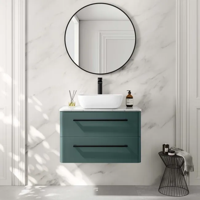 Omaha Mystic Green Wall Hung Drawer Vanity with Marble Top & Curved Counter Top Basin 800mm - Black Accents
