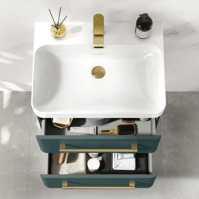Omaha Mystic Green Wall Hung Basin Drawer Vanity 600mm - Brushed Brass Accents