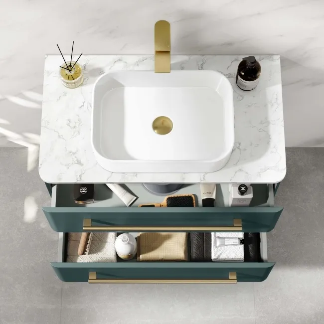 Omaha Mystic Green Wall Hung Drawer Vanity with Marble Top & Marin Basin 800mm - Brushed Brass Accents