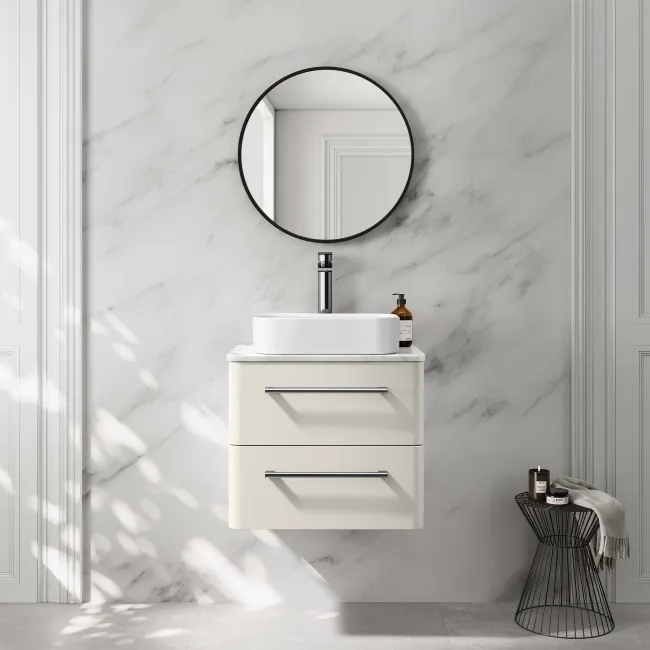 Omaha Linen White Wall Hung Drawer Vanity with Marble Top & Marin Basin 600mm