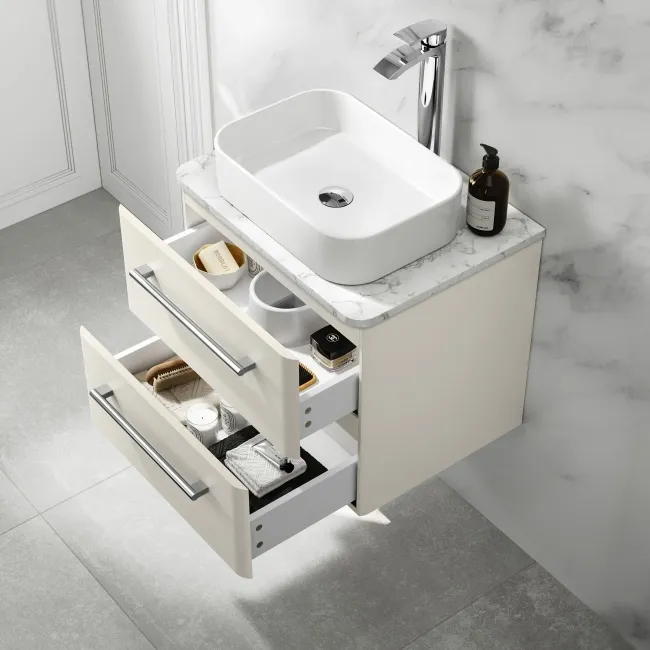 Omaha Linen White Wall Hung Drawer Vanity with Marble Top & Marin Basin 600mm
