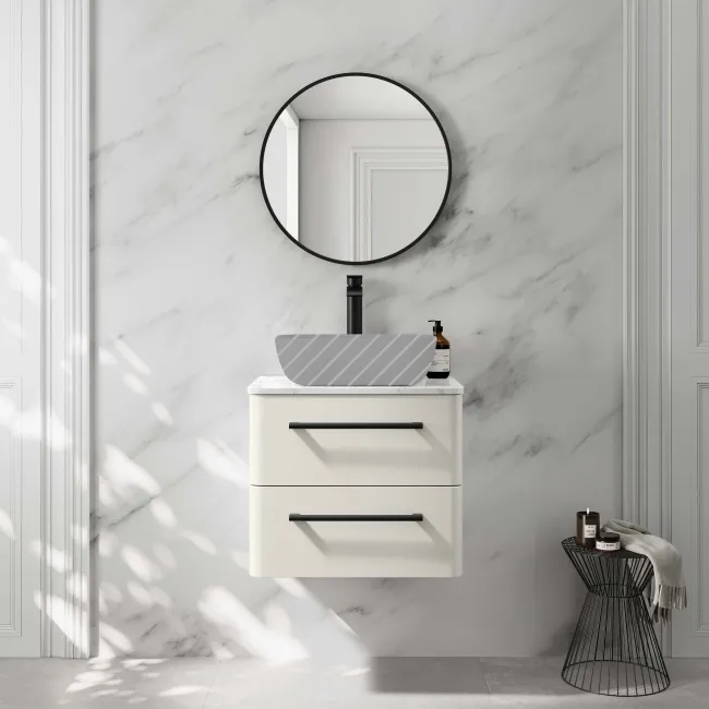 Omaha Linen White Wall Hung Drawer Vanity with Marble Top 600mm (Excludes Counter Top Basin) - Black Accents