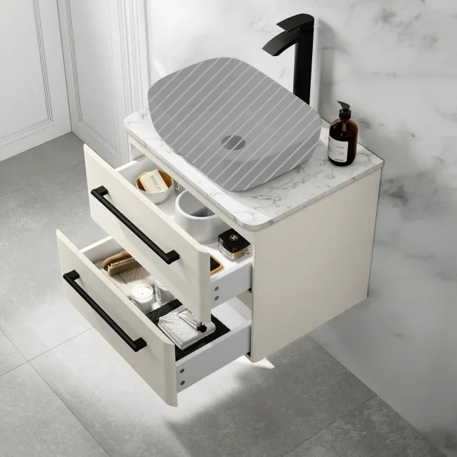 Omaha Linen White Wall Hung Drawer Vanity with Marble Top 600mm (Excludes Counter Top Basin) - Black Accents
