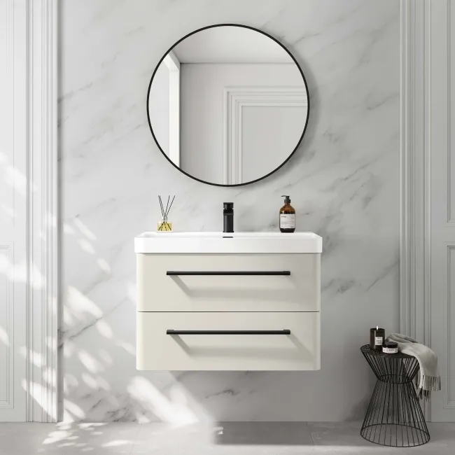 Omaha Linen White Wall Hung Basin Drawer Vanity 800mm - Black Accents
