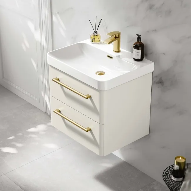 Omaha Linen White Wall Hung Basin Drawer Vanity 600mm - Brushed Brass Accents