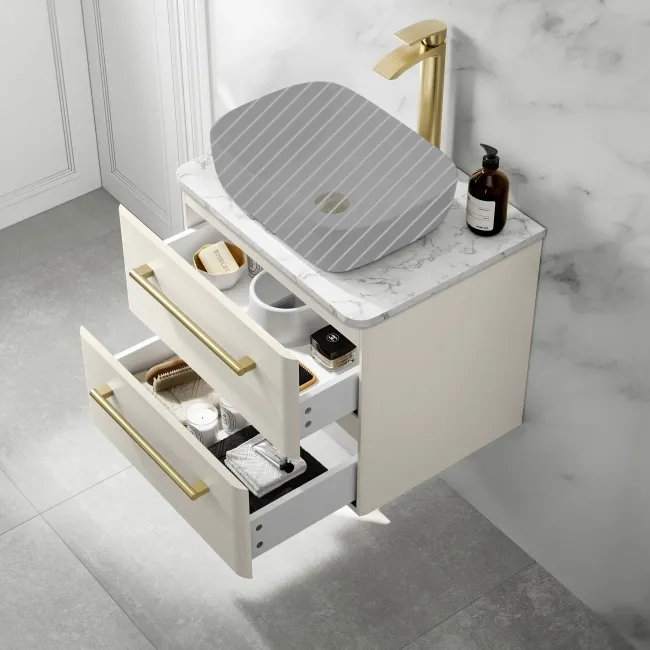 Omaha Linen White Wall Hung Drawer Vanity with Marble Top 600mm (Excludes Counter Top Basin) - Brushed Brass Accents