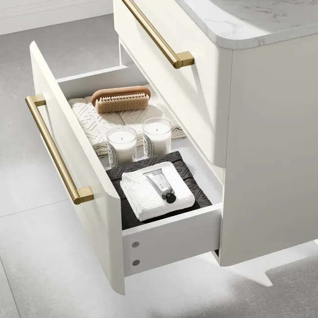 Omaha Linen White Wall Hung Drawer Vanity with Marble Top 600mm (Excludes Counter Top Basin) - Brushed Brass Accents