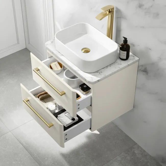 Omaha Linen White Wall Hung Drawer Vanity with Marble Top & Marin Basin 600mm - Brushed Brass Accents
