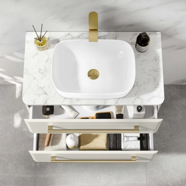 Omaha Linen White Wall Hung Drawer Vanity with Marble Top & Curved Counter Top Basin 800mm - Brushed Brass Accents