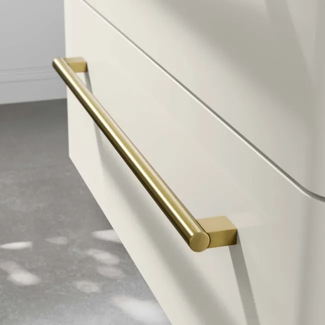 Omaha Linen White Wall Hung Drawer Vanity with Marble Top & Curved Counter Top Basin 800mm - Brushed Brass Accents