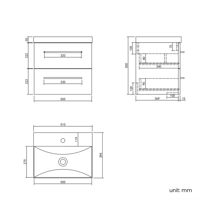Elba Dawn Oak Wall Hung Basin Drawer Vanity 500mm - Black Accents