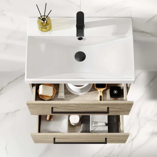 Elba Dawn Oak Wall Hung Basin Drawer Vanity 600mm - Black Accents