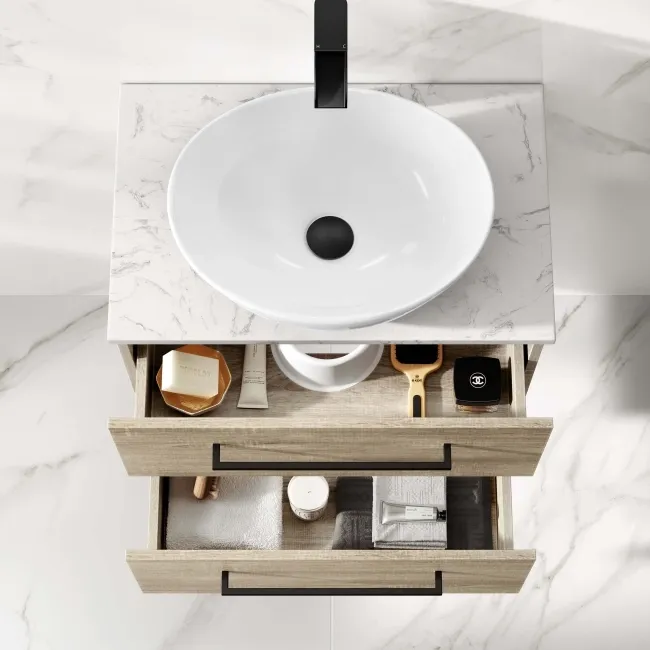 Elba Dawn Oak Wall Hung Drawer Vanity with Marble Top & Oval Counter Top Basin 600mm - Black Accents