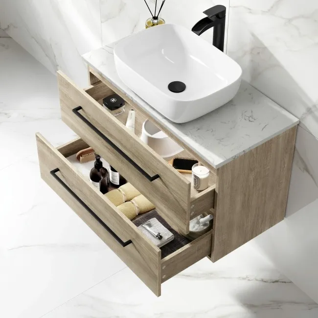 Elba Dawn Oak Wall Hung Drawer Vanity with Marble Top & Curved Counter Top Basin 800mm - Black Accents