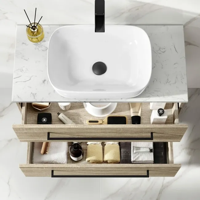 Elba Dawn Oak Wall Hung Drawer Vanity with Marble Top & Curved Counter Top Basin 800mm - Black Accents