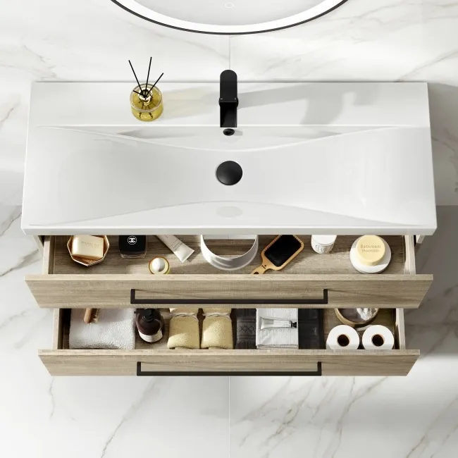 Elba Dawn Oak Wall Hung Basin Drawer Vanity 1000mm - Black Accents