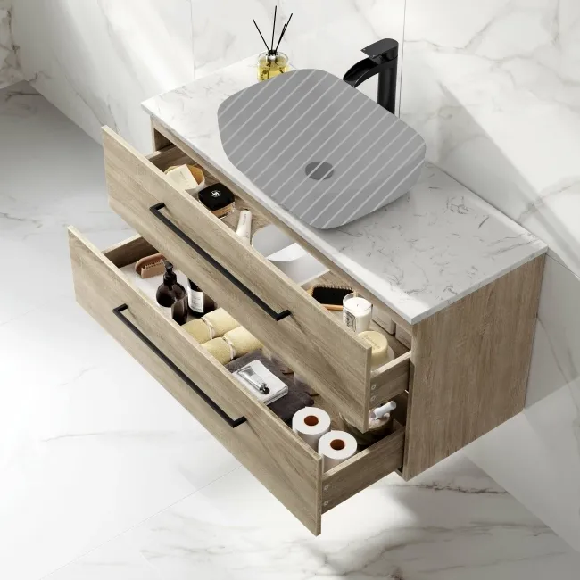 Elba Dawn Oak Wall Hung Drawer Vanity 1000mm Excludes Counter Top Basin - Black Accents