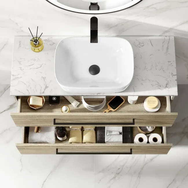 Elba Dawn Oak Wall Hung Drawer Vanity with Marble Top & Curved Counter Top Basin 1000mm - Black Accents