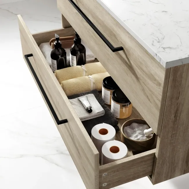 Elba Dawn Oak Wall Hung Drawer Vanity with Marble Top & Cody Basin 1000mm - Black Accents