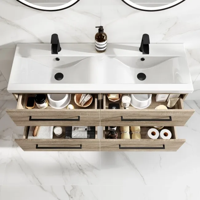 Elba Dawn Oak Wall Hung Double Basin Drawer Vanity 1200mm - Black Accents