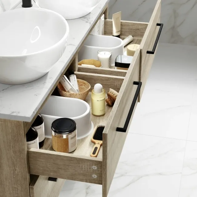 Elba Dawn Oak Double Wall Hung Drawer Vanity with Marble Top & Oval Basin 1200mm - Black Accents
