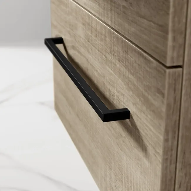 Elba Dawn Oak Double Wall Hung Drawer Vanity with Marble Top & Curved Basin 1200mm - Black Accents