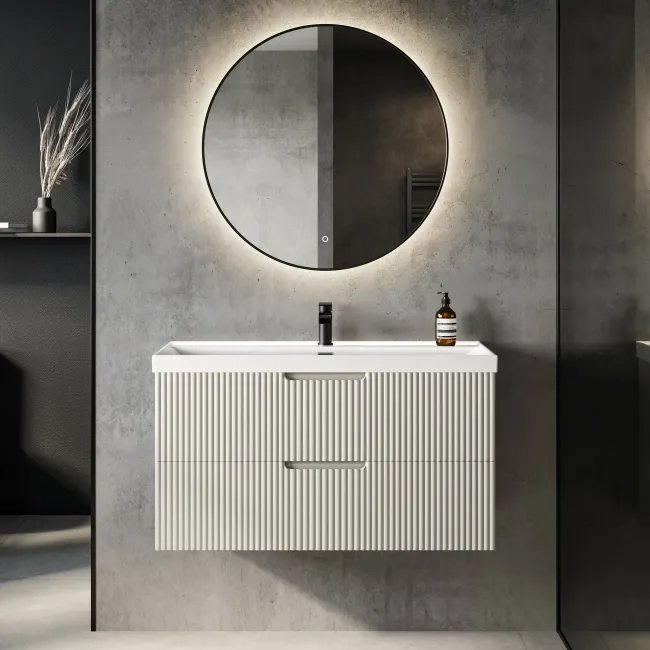 Crete Fluted Linen White Wall Hung Basin Drawer Vanity 1000mm