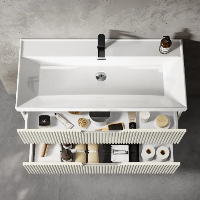 Crete Fluted Linen White Wall Hung Basin Drawer Vanity 1000mm