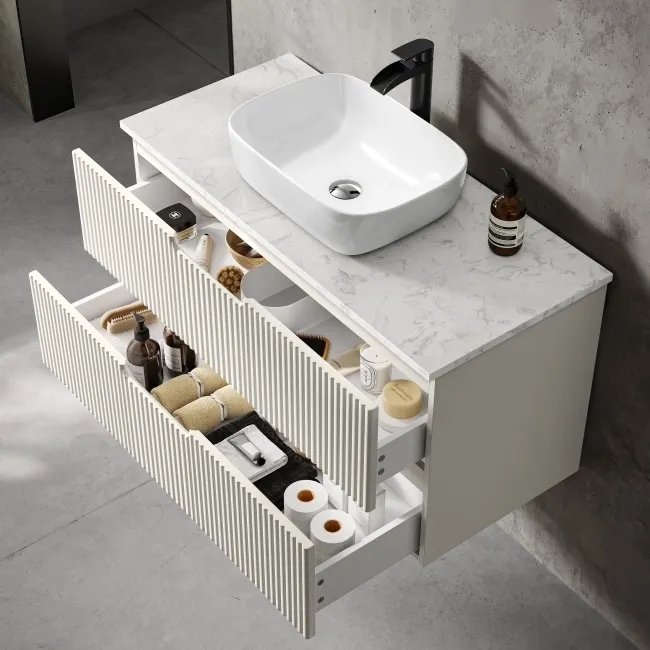 Crete Fluted Linen White Wall Hung Drawer Vanity with Marble Top & Curved Basin 1000mm
