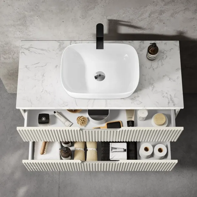 Crete Fluted Linen White Wall Hung Drawer Vanity with Marble Top & Curved Basin 1000mm