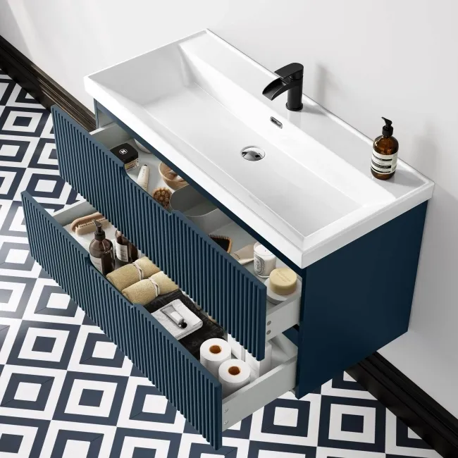 Crete Fluted Navy Blue Wall Hung Basin Drawer Vanity 1000mm