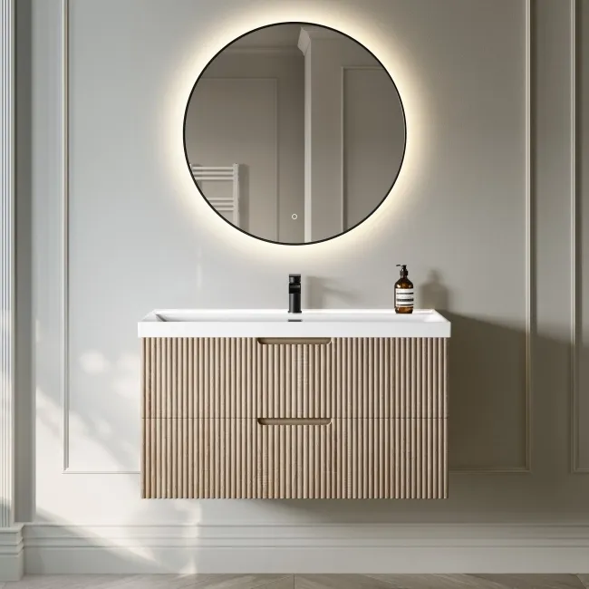 Crete Fluted Apex Oak Wall Hung Basin Drawer Vanity 1000mm