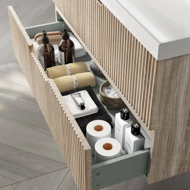 Crete Fluted Apex Oak Wall Hung Basin Drawer Vanity 1000mm