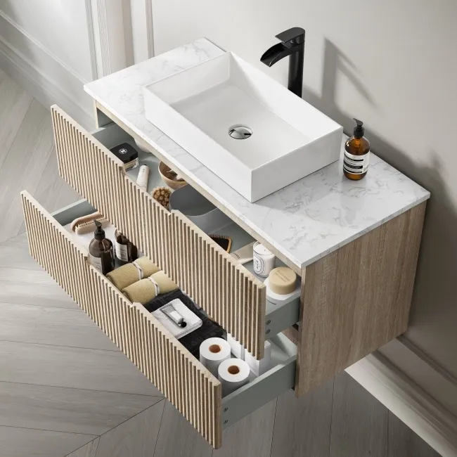 Crete Fluted Apex Oak Wall Hung Drawer Vanity with Marble Top & Cody Basin 1000mm
