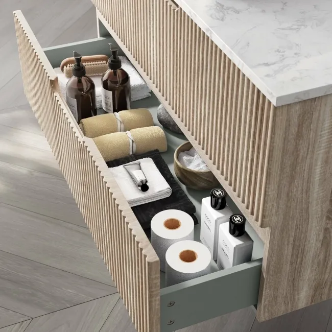 Crete Fluted Apex Oak Wall Hung Drawer Vanity with Marble Top & Cody Basin 1000mm