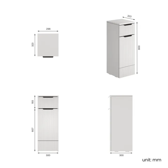 Sicily Fluted Coastal White Side Cabinet Unit 300mm - Black Accents