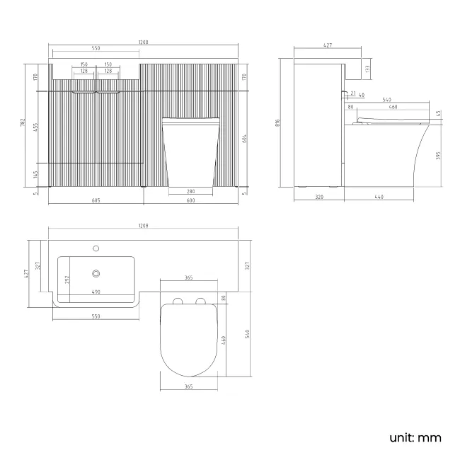 Sicily Fluted Coastal White Combination Vanity Basin and Tucson Toilet 1200mm - Black Accents - Left Handed