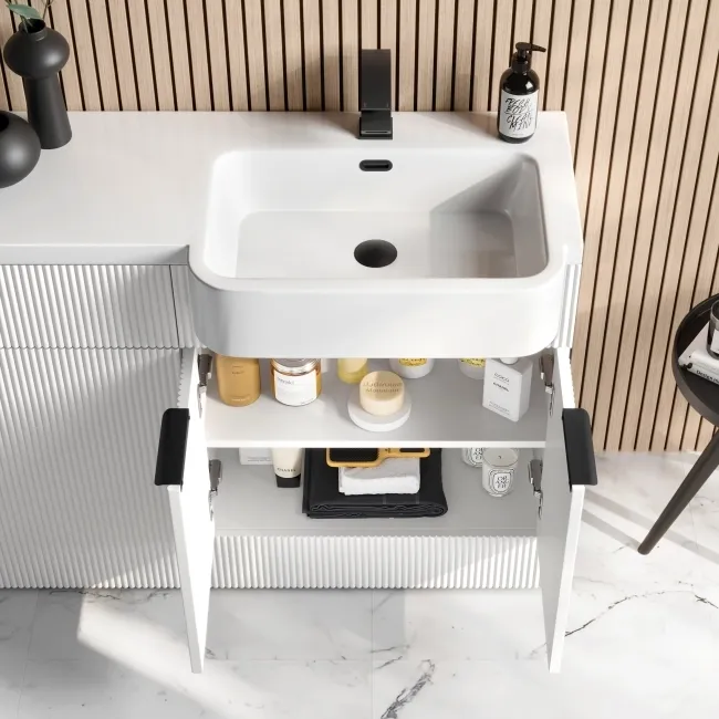 Sicily Fluted Coastal White Combination Vanity Basin and Houston Toilet 1200mm - Black Accents - Right Handed