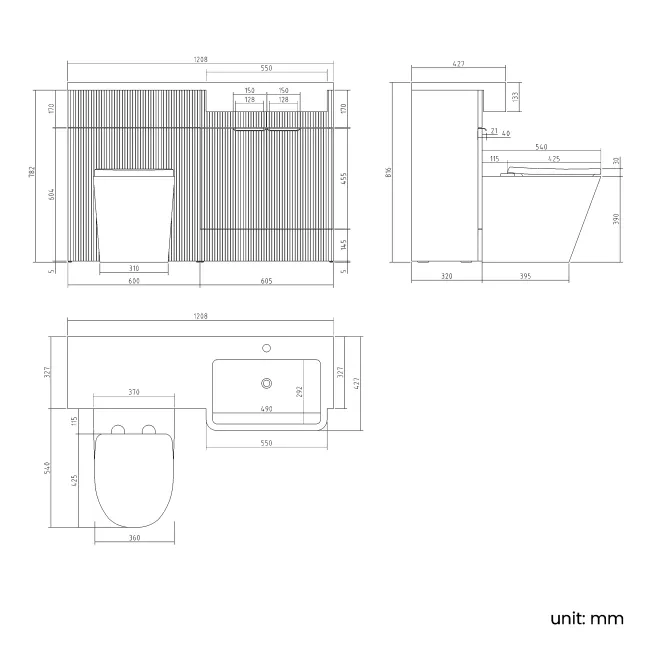 Sicily Fluted Coastal White Combination Vanity Basin and Boston Toilet 1200mm - Black Accents - Right Handed