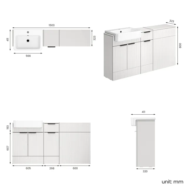 Sicily Fluted Coastal White Combination Vanity Basin 1500mm (Excludes Toilet) - Black Accents